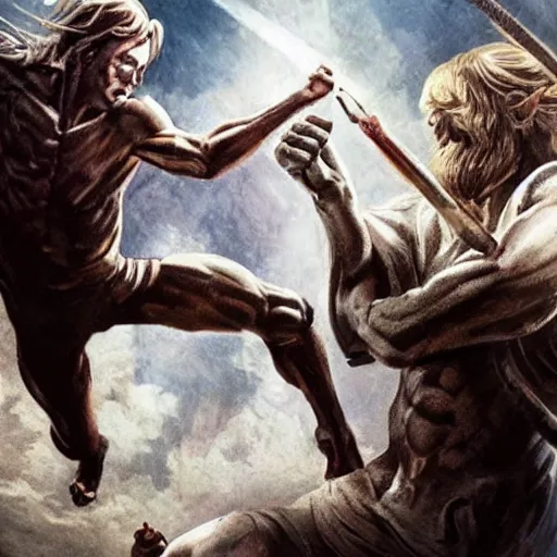 Image similar to god as human fighting evil in a movie scene realistic