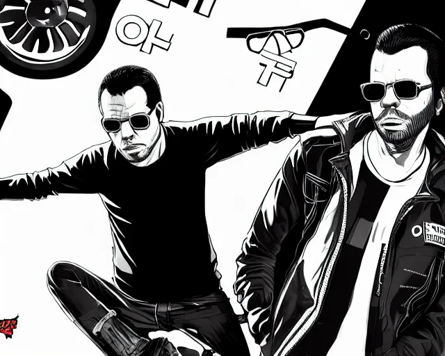 Prompt: full body of Orelsan with sunglasses GTA V loading screen illustration in the style of Stephen Bliss, uncrop, uncropped Orelsan very detailed illustration, full body Orelsan trending on artstation, Orelsan trending on deviantart, symmetrical face Orelsan