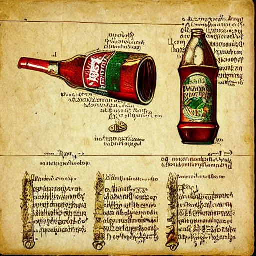 Prompt: “Illustrated diagram of a Coke-a-cola bottle on parchment by Leonardo da Vinci, hyper realistic, high details, infographic, embellishments, illuminations”