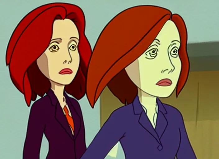 Image similar to an animation still of dana scully, in the style of studio ghibli, traditional animation, sharp detail, animation cel