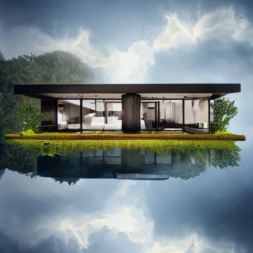 Prompt: a photo luxury house floating in a cloud with infinite edge pool, Art Station, 4k, 8k, concept art, HD, realistic, high detailed, high quality
