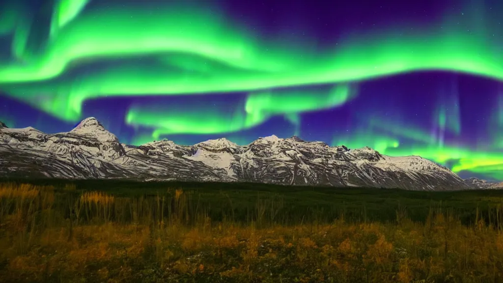 Image similar to ignis fatuus, aurora borealis, mountains in the distance, multiple moons, future city