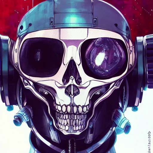 Prompt: realistic detailed beautiful close up portrait a menacing space pirate with high-tech space helmet shaped like a skull by Anna and Elena Balbusso, akira, ghost in the shell, violent detailed anime, sci-fi, cyberpunk, rich deep vibrant colors