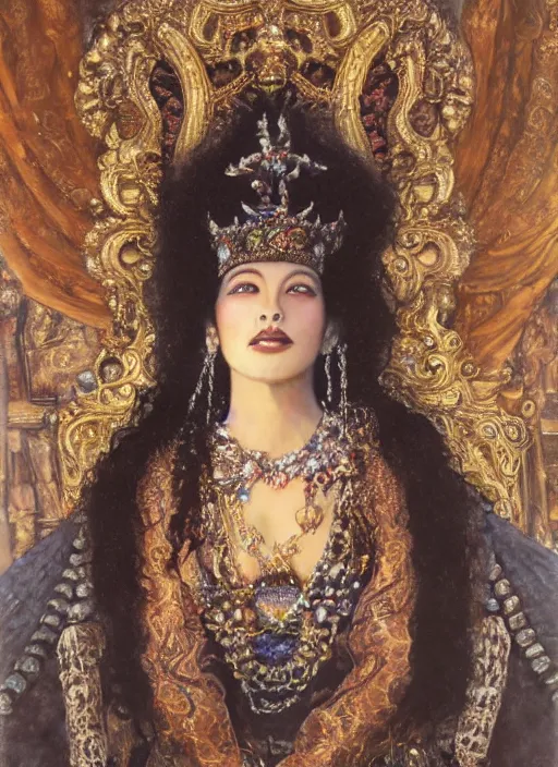 Image similar to oil painting of portait Queen of Ecstasy in a large throne room, Hungarian, curly black hair, by Yoshitaka Amano