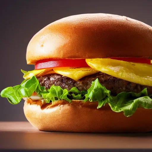 Prompt: a juicy hamburger with pineapple, 8 k resolution, food photography, studio lighting, sharp focus, hyper - detailed