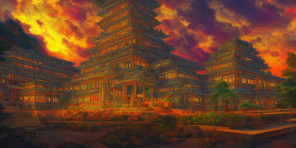 Image similar to temple dedicated to artificial intelligence, by Naomi Okubo, landscape, dramatic lighting, high contrast colors, panoramic view, as trending on Artstation,