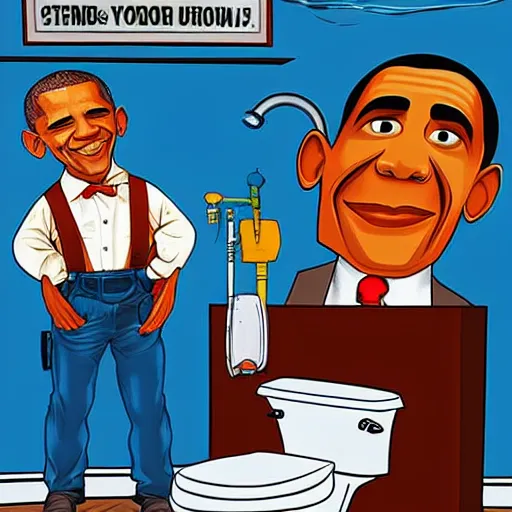 Prompt: obama the plumber, fixing a toilet, in the style of dave macdowell
