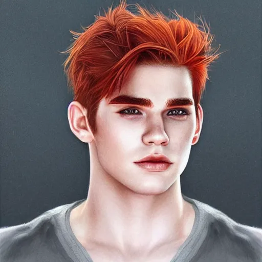 Image similar to < KJ Apa handsome-redhead-male-model with short-fade-haircut, natural, detailed portrait, photorealistic digital painting in the style of Charlie-Bowater, dramatic lighting shadows,