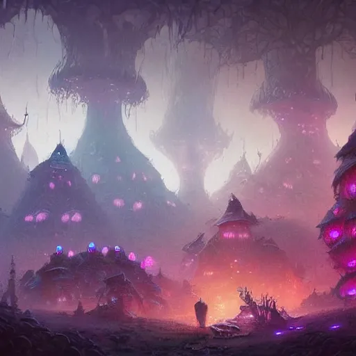 Image similar to concept art detailed painting of a dark purple fantasy fairytale fungal town made of mushrooms, with glowing blue lights, in the style of jordan grimmer and neil blevins and wayne barlowe