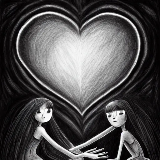 Image similar to teaching, many hearts, friendship, love, sadness, dark ambiance, concept by godfrey blow, featured on deviantart, drawing, sots art, lyco art, artwork, photoillustration, poster art