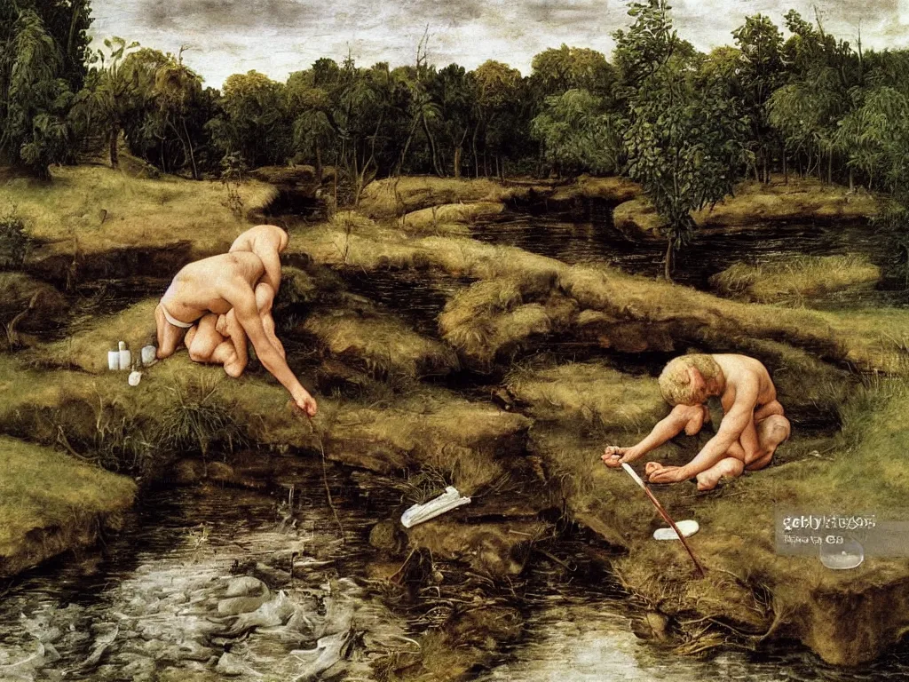 Image similar to Painter washing his brushes in a river in the afternoon. Painting by Lucas Cranach, Caspar David Friedrich, Lucian Freud.