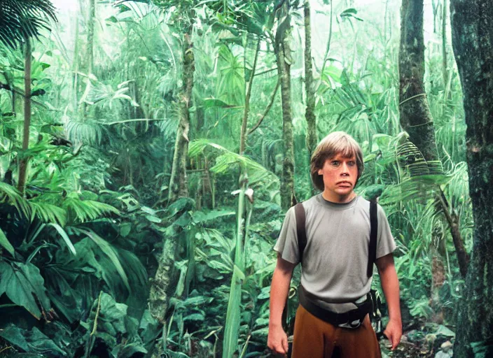 Prompt: Luke Skywalker at the new jedi temple school, in the jungle. Photographed with Leica Summilux-M 24 mm lens, detailed photorealistic face, ISO 100, f/8, Portra 400