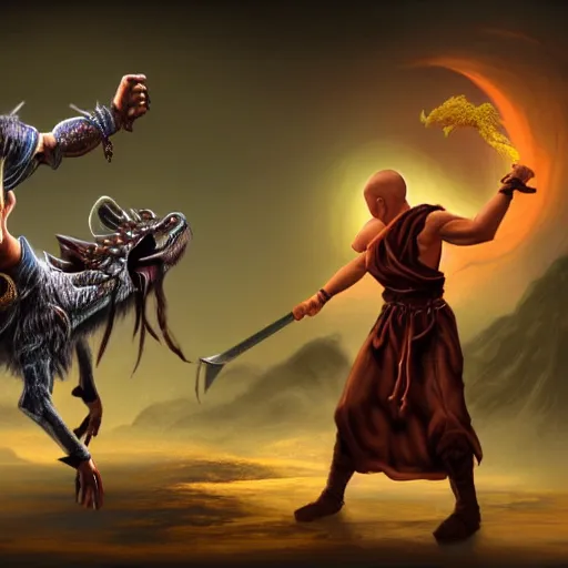 Image similar to a fantasy matte painting of a dnd monk fighting a creature, detailed, realism dnd,