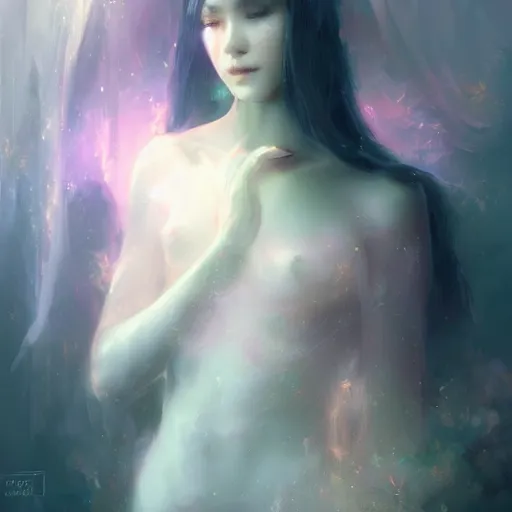 Image similar to A beautiful ethereal woman by WLOP, greg rutkowski and ross tran - H 768