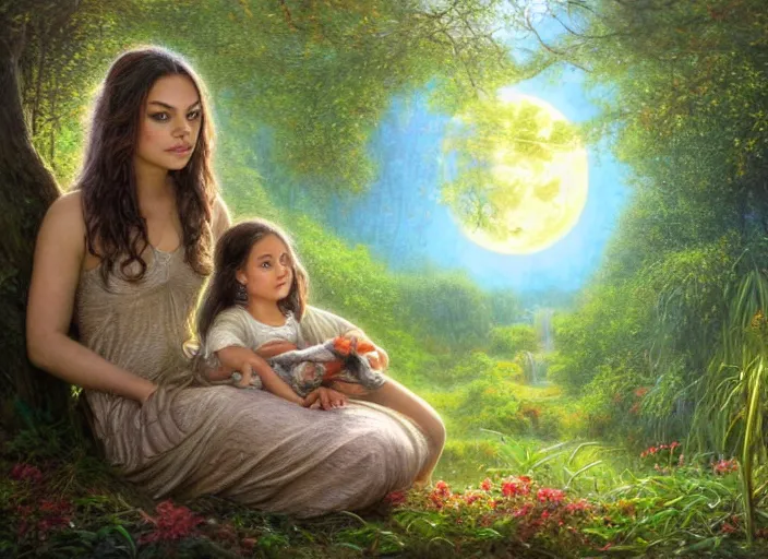 Image similar to Mila Kunis staring into the camera singing a lullaby, fireflies, full moon, Lilia Alvarado, Sophie Anderson, Mark Arian, Bob Byerley, Charlie Bowater, Mark Brooks, Steve Henderson, Justin Gerard, Arthur Hughes, Edward Robert Hughes, Mark Keathley, Victor Nizovtsev, Carlos Shwabe, Ross Tran, WLOP