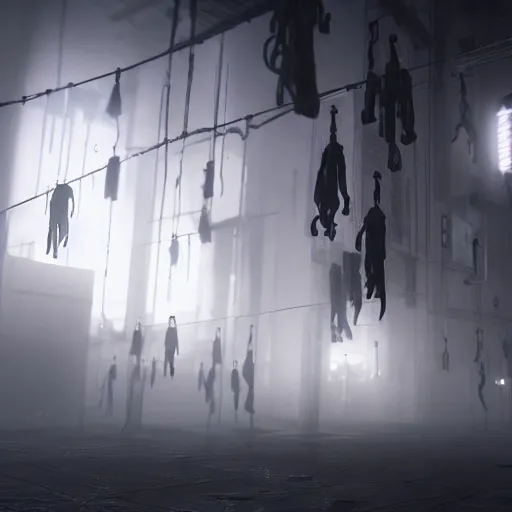 Image similar to illustration of rows of limp homunculus hanging like clothing in an ice box, rolling fog, cyberpunk, dystopian, dramatic lighting, unreal engine 5