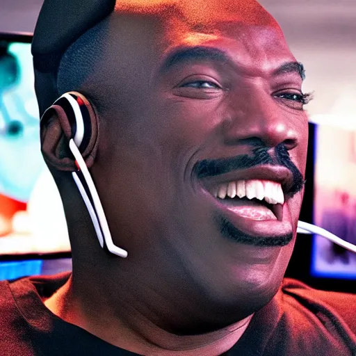 Image similar to obese Eddie Murphy wearing a headset yelling at his monitor while playing WoW highly detailed wide angle lens 10:9 aspect ration award winning photography by David Lynch esoteric erasure head