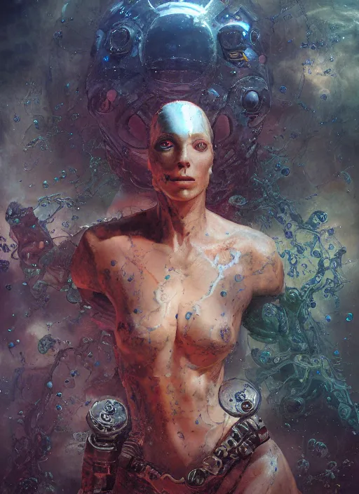 Image similar to biblical cyborg girl, glowing veins subsurface scattering, deep sea of planet jupiter, underwater photography, by gerald brom, by mikhail vrubel, by peter elson, muted colors, extreme detail, trending on artstation, 8 k