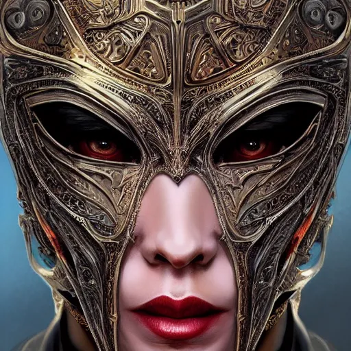 Prompt: Very very very very highly detailed epic photo of face with venetian mask, intricate, dystopian, sci-fi, extremely detailed, digital painting, artstation, concept art, smooth, sharp focus, illustration, intimidating lighting, incredible art by Artgerm and Vincent di Fate