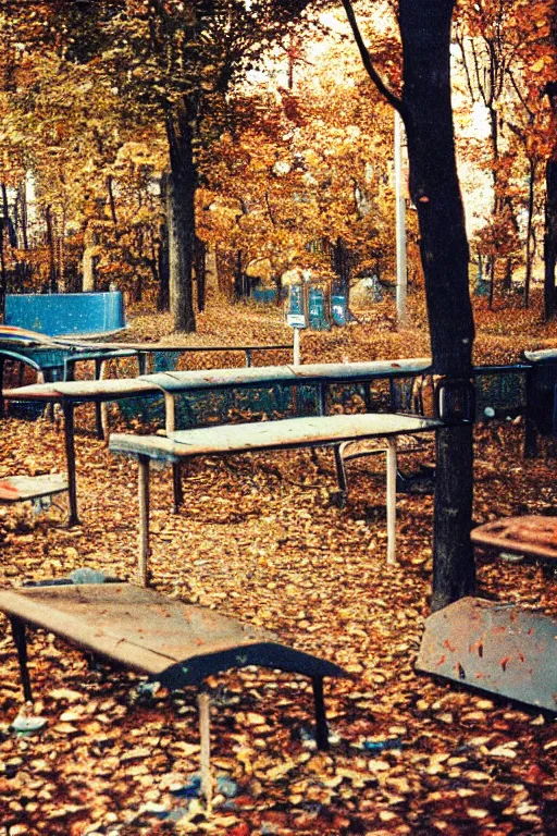 Prompt: a lomographic photo of abandoned playground of moscow, autumn, cinestill, bokeh