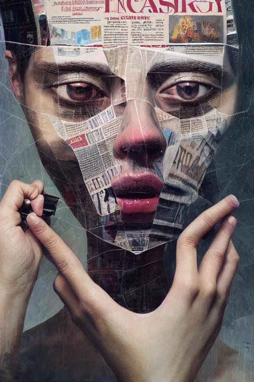 Image similar to 3 d, close - up, fashion model, newspaper, tears, poster art, intricate oil painting, high detail, figurative art, multiple exposure, poster art, 3 d, by stanley kubrick and tooth wu and wlop and beeple