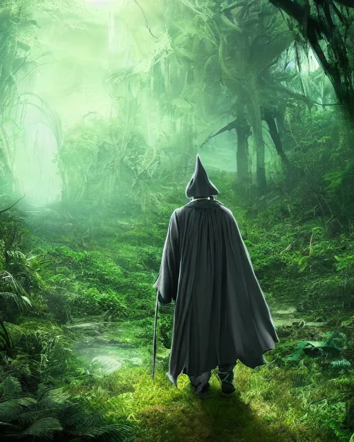 Prompt: a wise wizard walking towards an ominous ruin in a densely overgrown, eerie jungle, fantasy, stopped in time, dreamlike light incidence, ultra realistic