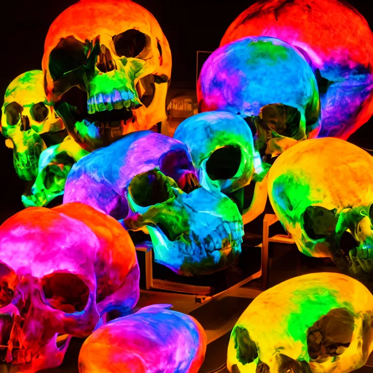 Prompt: fluxus performance of gradient colors light projection onto several giant skulls in a cramped art gallery, high contrast hyperrealism trending on arstation 8 k