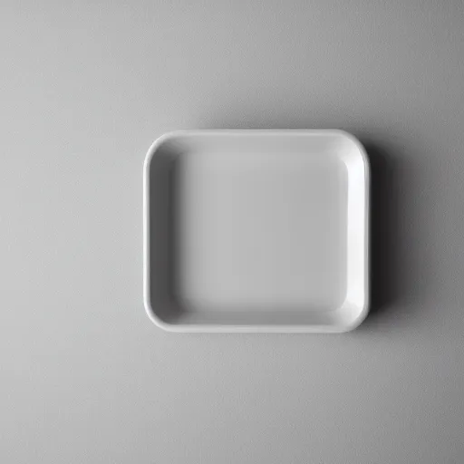 Image similar to tray, in the shape of a square, floating in a white room, photo realistic