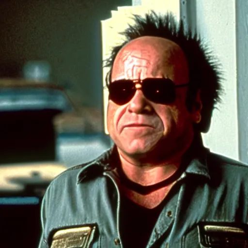 Image similar to Danny DeVito as The Terminator, cinematic, Eastman 5384 film