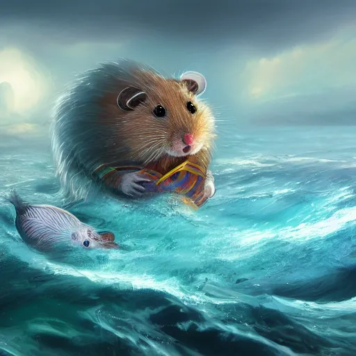 Prompt: giant hamster in the middle of the sea, fantasy art, illustration, epic, fantasy, intricate, hyper detailed, artstation, concept art, smooth, sharp focus, ray tracing