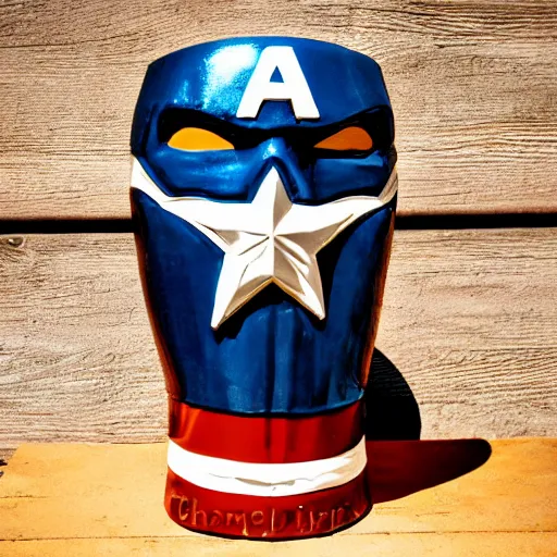 Image similar to a closeup photorealistic photograph of a glossy captain america style tiki mug sitting at an outdoor trader vic's bar featuring captain america's face. tiki theme. bright scene. fine detail. this 4 k hd image is trending on artstation, featured on behance, well - rendered, extra crisp, features intricate detail, epic composition and the style of unreal engine.