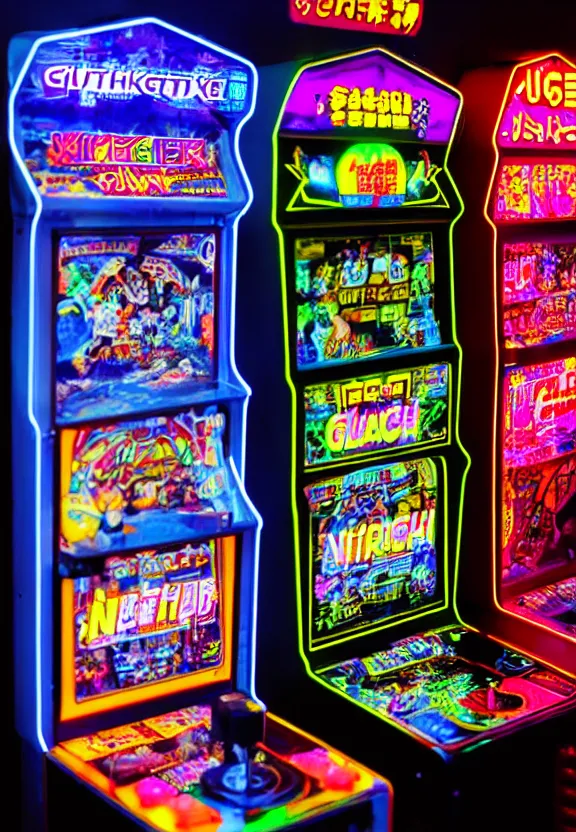 Image similar to cyberpunk gashapon machine, neon sign that says glitch, in an arcade