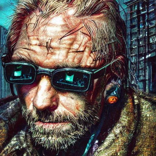 Image similar to cyberpunk, closeup portrait of a shaggy old cyberpunk fence, crooked teeth, bald, tired eyes, tattered tweed jacket, dramatic light, city background, sunset, dystopian setting, high contrast, sharp, neuromancer, the finn, painted by stanley lau, painted by greg rutkowski, painted by stanley artgerm, digital art, trending on artstation