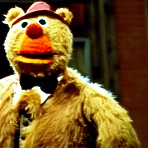 Image similar to fozzie bear in the godfather, 4k, high detail, high-resolution photograph