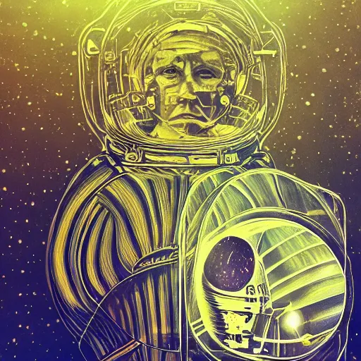 Image similar to double exposure portrait of astronaut and space and time in the the background by davinci, circles, psychedelic, pencil art, high definition, dynamic lighting stars, sharpness, golden ratio