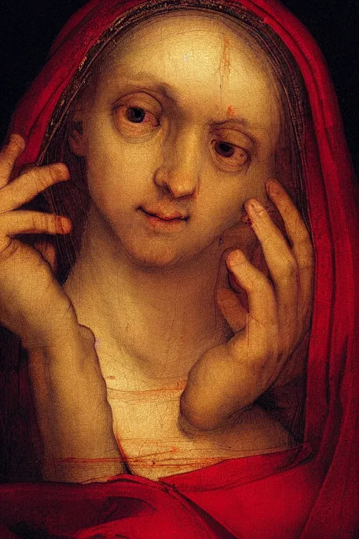 Prompt: extreme close-up portrait of crying virgin mary in darkness, red tears, in style of classicism, hyper detailed, golden frame, rembrandt