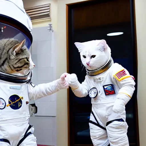 Image similar to cat astronaut shakes the hands with president