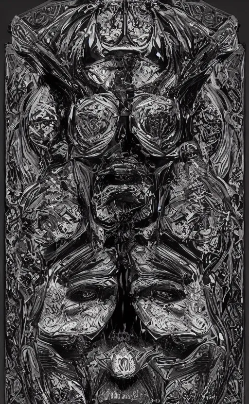 Image similar to a face made of black cast iron on a black background. gothic baroque. low poly. symmetry. epic. ominous shapes. hyper detailed.