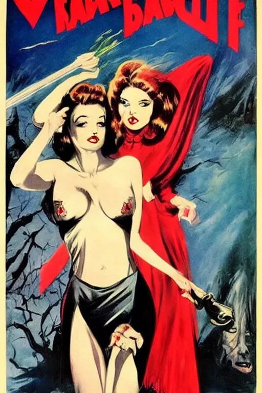Prompt: retro movie poster. vampire babes. frank frazetta