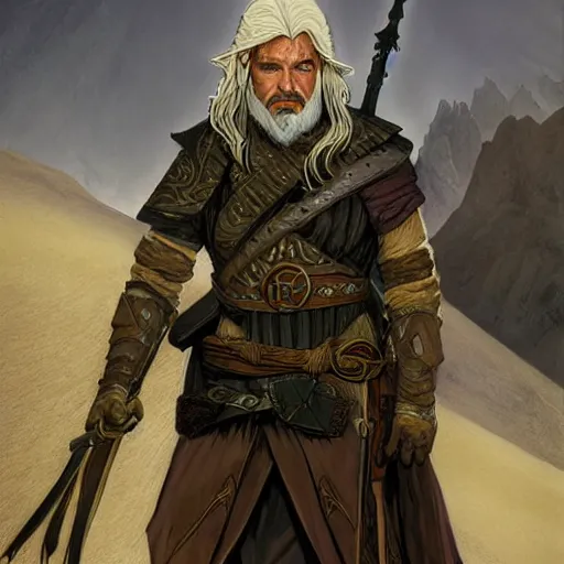 Image similar to Kethlan the elven desert bandit. Epic portrait by james gurney and Alfonso mucha (lotr, witcher 3, dnd).