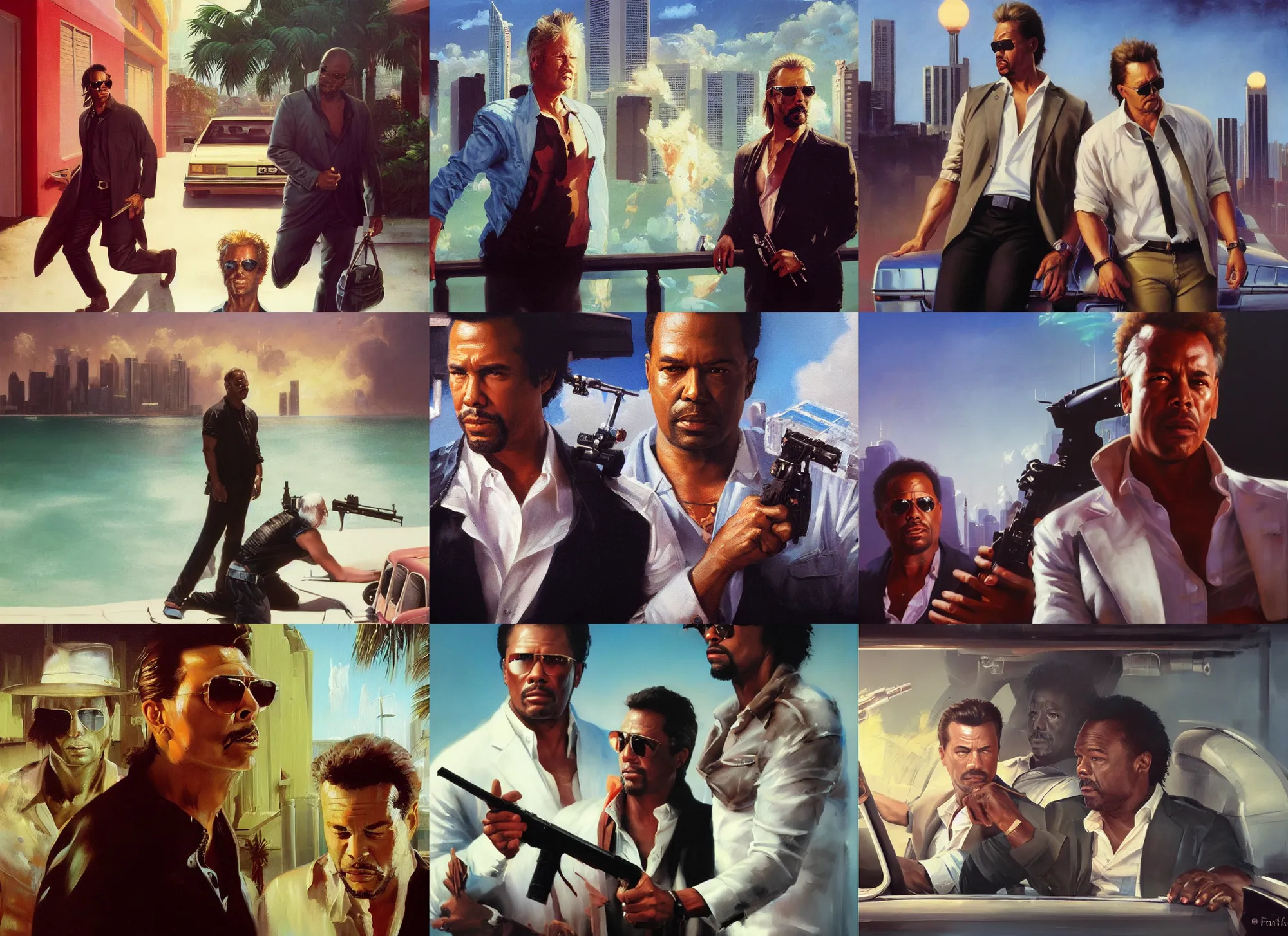 Prompt: an oil painting portrait of crockett and tubbs, eighties miami vice, ultra realistic, highly detailed, masterpiece, cinematic by frank frazetta, greg rutkowski, beeple, yoko taro, christian macnevin, beeple, wlop, krenz cushart, epic fantasy character art, volumetric lighting, cgsociety