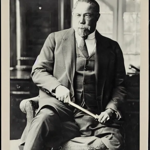 Prompt: a rutgers university president looking wistfully at a gold - headed cane displayed in his office, 1 9 2 2