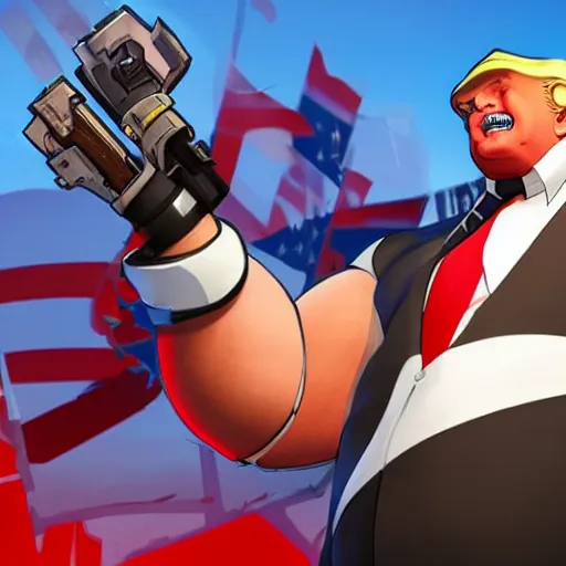 Image similar to Donald trump as roadhog in overwatch game