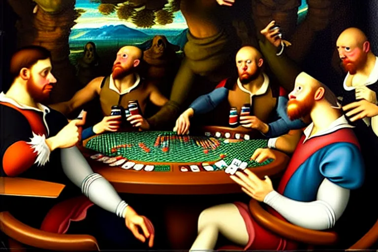 Image similar to velociraptors playing poker on a bar while drinking beer, in the style of a renaissance painting.