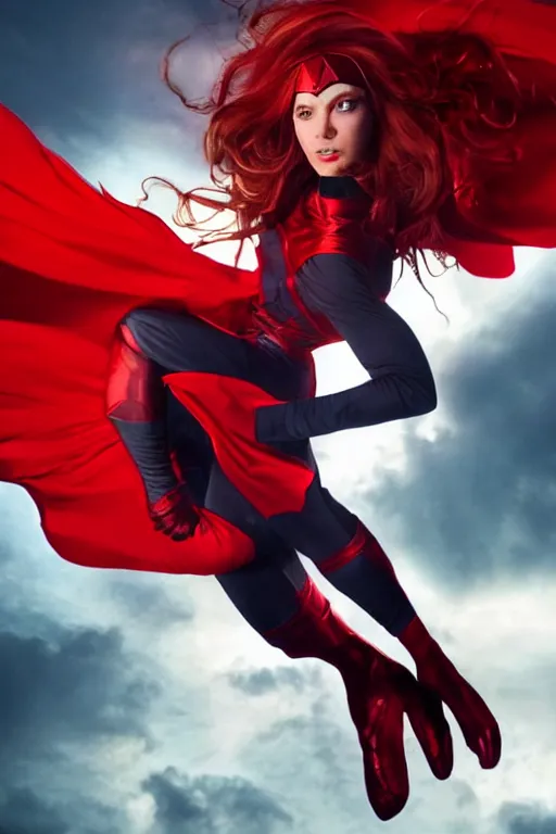 Image similar to marvel superhero, beautiful woman, floating in the air, red tight costume and red long hair, black cloak, power field around her, detailed portrait, dark background texture, 8 k, concept art, illustration by john byrne and terry austin. cinematic dramatic atmosphere, sharp focus, volumetric lighting, cinematic lighting, studio quality