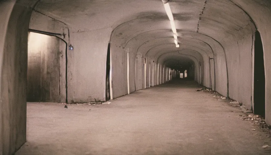 Image similar to 60s movie still of empty tunnel with toilets sieges, cinestill 800t 50mm eastmancolor, liminal Space style, heavy grain-s 150