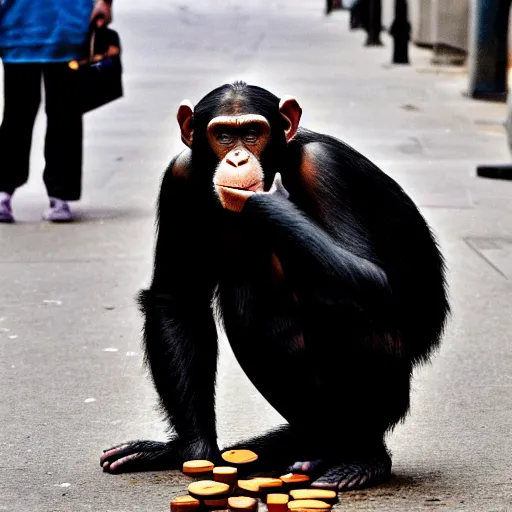 Image similar to a 5 0 mm photo of a chimpanzee picking up pennies on a street in manhattan, breathtaking, detailed and intricate environment, hyperrealistic