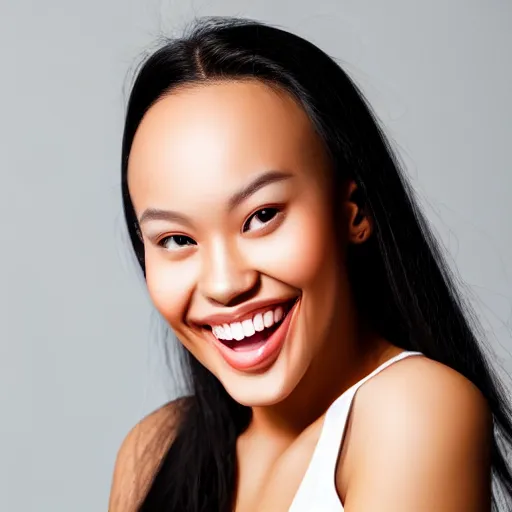 Prompt: forehead visible, beautiful smile with pretty teeth, black eye shadow, realistic natural lighting