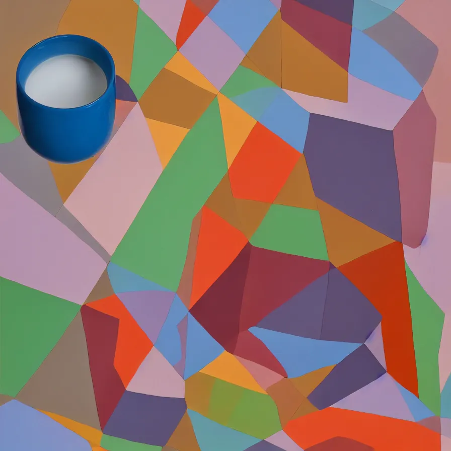 Image similar to beautiful gallery show studio photograph of a tall colorful geometric symmetrical fancy giant stoneware coffee cup, glazed by paul klee and victor vasarely, placed on a polished wooden table, hyperrealism 8 k trending on artstation