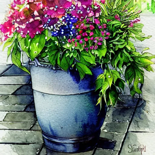 Image similar to a beautifull intricate watercolor painting of potted planter with flowers inside sitting on wet sidewalk, reflexions, high details by stephanie law art